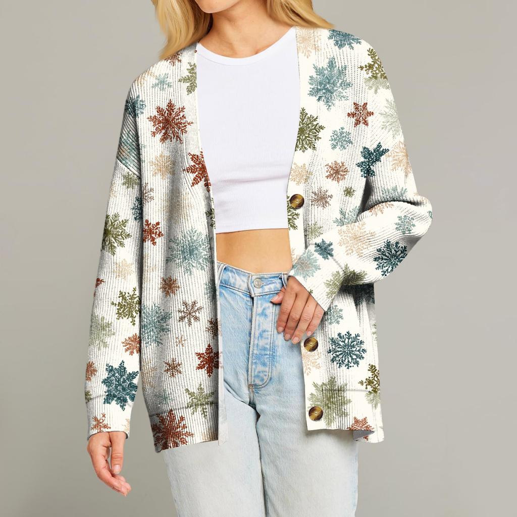 Women's Fashion Long Sleeve Print V-Neck Button Loose Cardigan Top