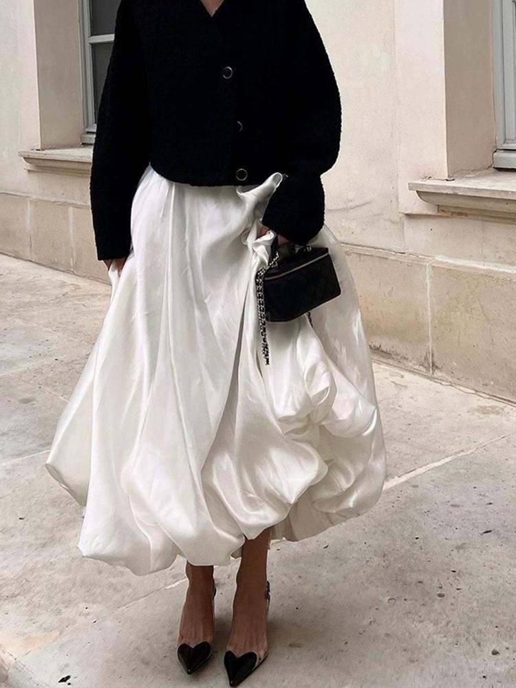 Balloon Skirt Long Women Satin Vintage Loose High Waist A