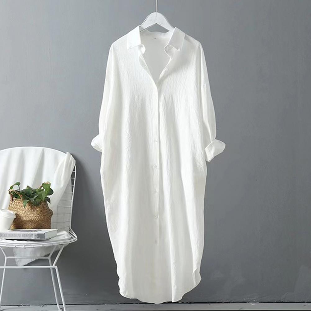 Women Shirt Lapel Three-quarter Sleeves Mid-length Shirt Tops Single Breasted Solid Color Loose Fit Casual Shirt