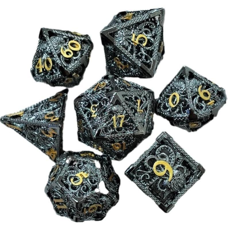 7 Pcs Hollow Metal Dice Set for DND RPG Dragon-Engraved Polyhedral Dice Tabletop Gaming Accessories for Dungeon Master Collector