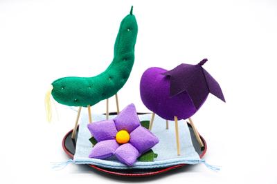 Obon Decorations: Cow and Horse (eggplant, Cucumber), Ground Cherry, Rug, and Base. Chirimen Decoration, Spirit Horse. Made In Japan.