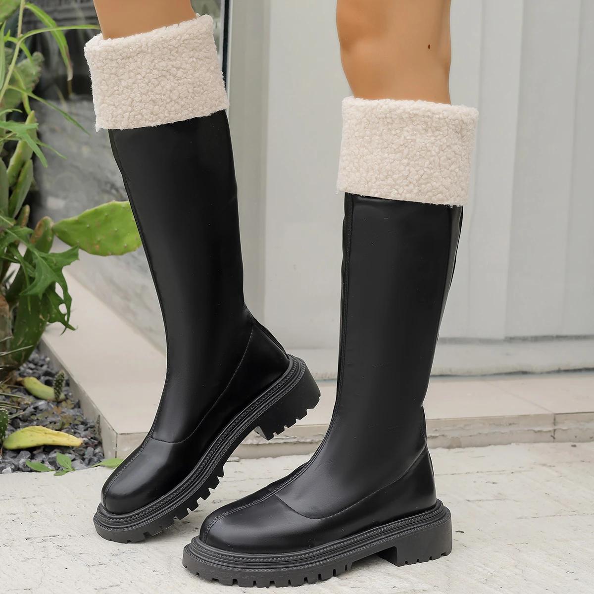 

Зимние теплые плюшевые женские сапоги до колена, модные длинные сапоги из искусственной кожи для женщин, лаконичные туфли на квадратном каблуке с молнией сзади, Botas Mujer 42 чёрный