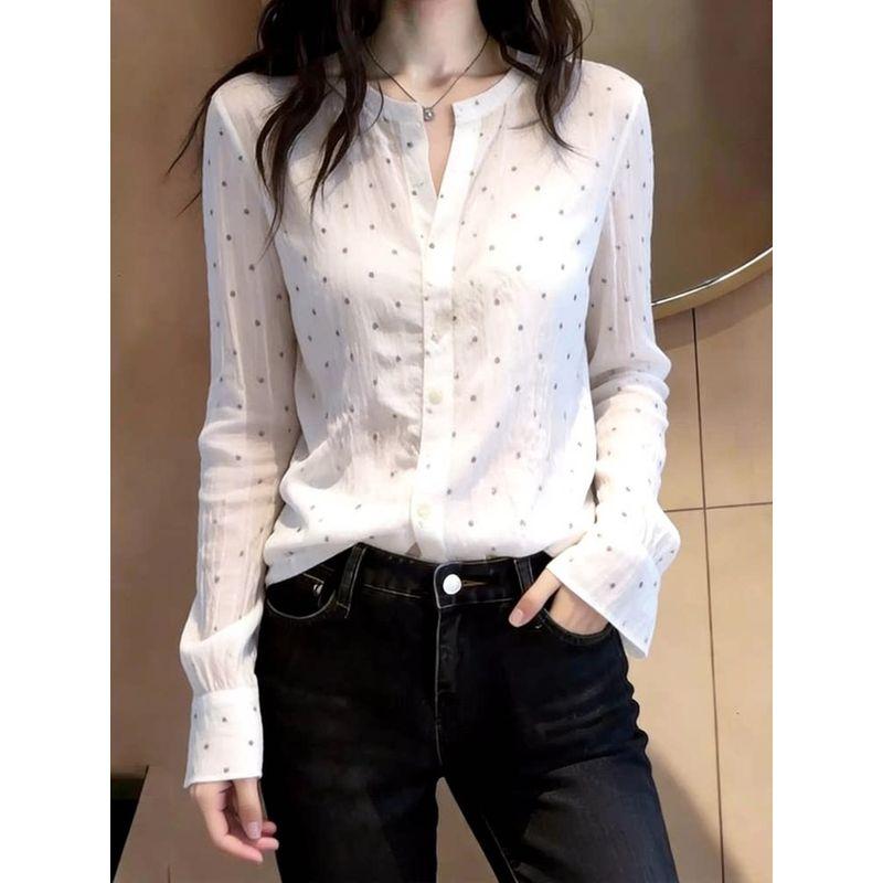 Super Stylish White Polka Dot Shirt with Stand Collar for Women, 2026 New Model, High-End Niche Sun-Protective V-Neck Babydoll Top