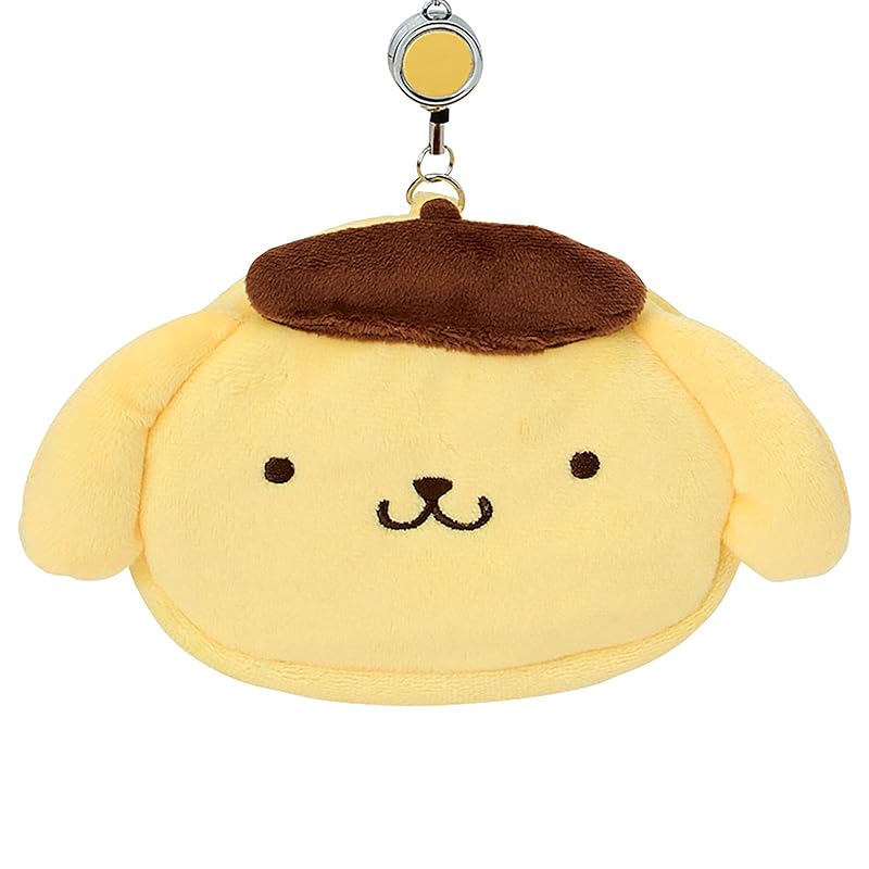 SANRIO Face-Shaped Pass Case & Pouch - Pompompurin - Cotton-PVC-Steel-Polyester - Card Holder with Retractable Reel - Small Item Storage - Suitable