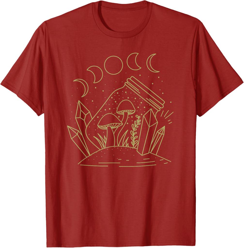 Mushroom Moon Jar Witchcraft Celestial Graphic Tee Cottagecore Casual Cotton T-Shirt