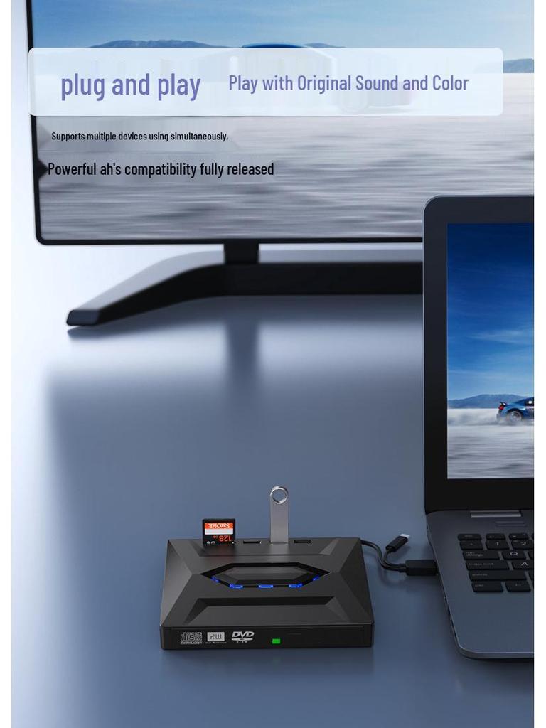 7-in-1 Multifunctional Card Reader & External DVD Burner with SD/TF Slots and USB/Type-C Interface