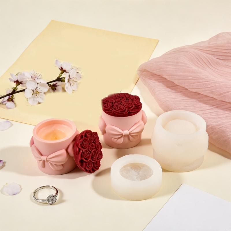 Bowknot Rose Embossed Resin Jar Molds Candle Cup Silicone Mould with Lid for Making Candle Container Holiday Decoration