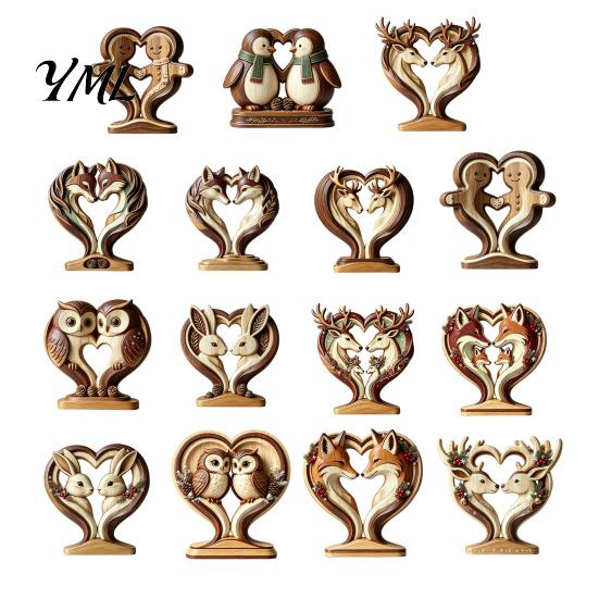 Creative Animal Love Silhouette Wooden Ornament with Stable Base, Double Layer Carved Figurine, Solid Wood Holiday Table Decor Heart Shape Sculpture