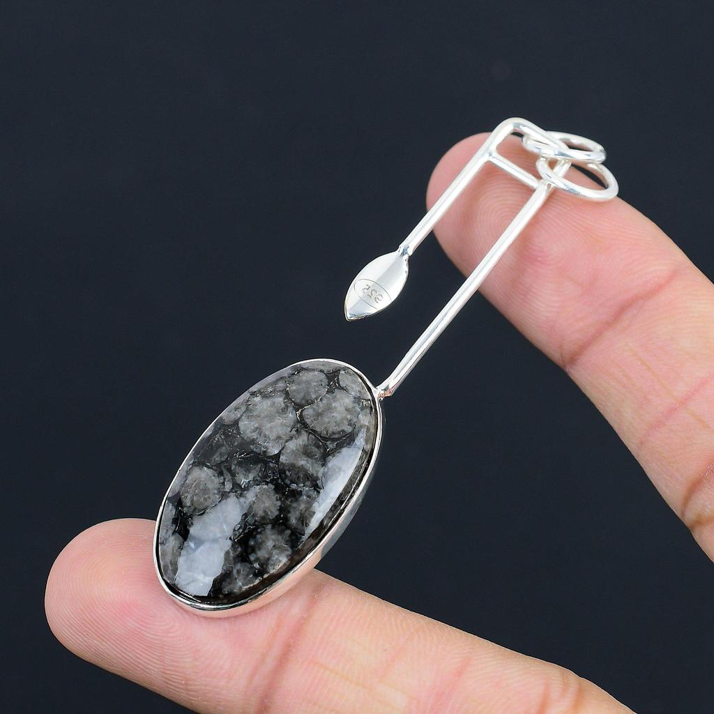 Sterling Silver Oval Natural Black Fossil Coral Wife Root Chakra Pendant Jewelry