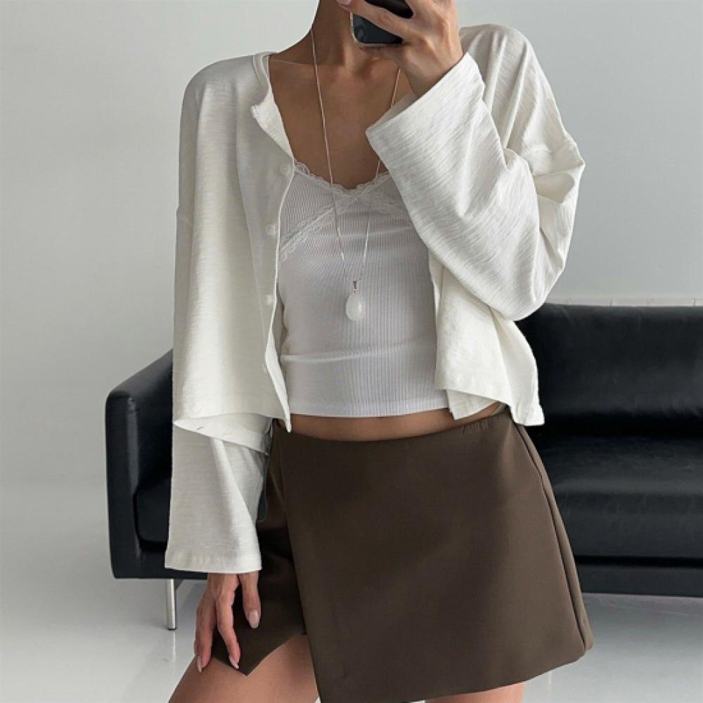 New Arrivals Open Run Women CroppeD Box Fit WiDe RounD Neck Button Cotton Knit D