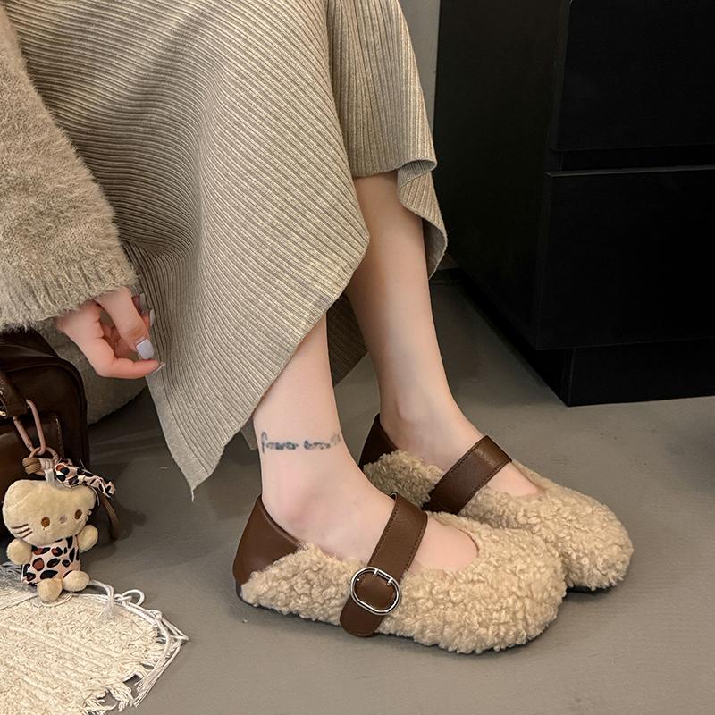 Leopard Print Fur Shoes Winter New One-line Belt Round Toe Shallow Mouth Soft Sole Non-slip Wear-resistant Flat Shoes