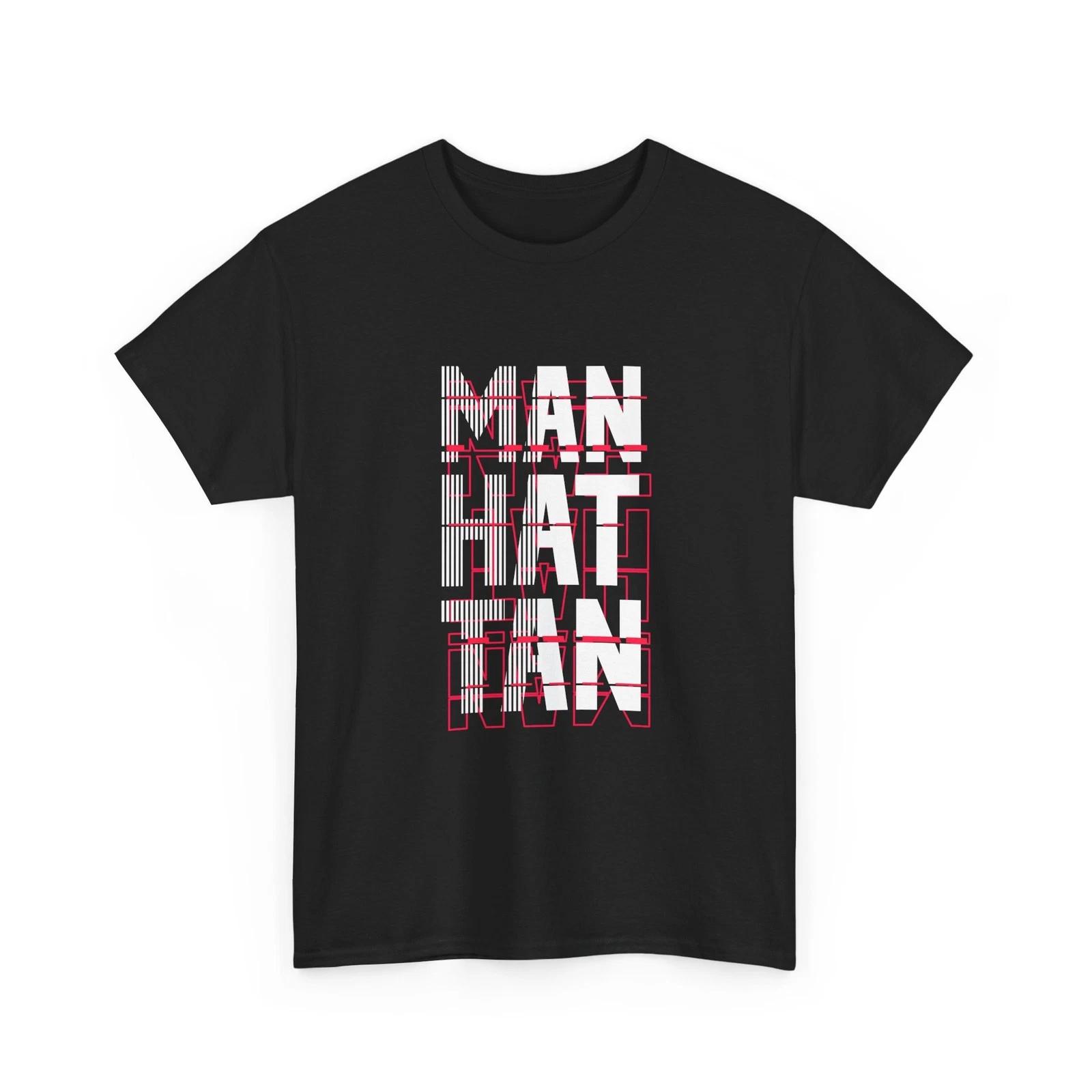 Manhattan Vertical Text Tee | City Skyline Graphic T-Shirt, Cool Wording T-Shirt M
