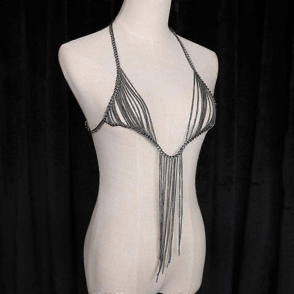 Women metal alloy tassel bikini body chain Silver