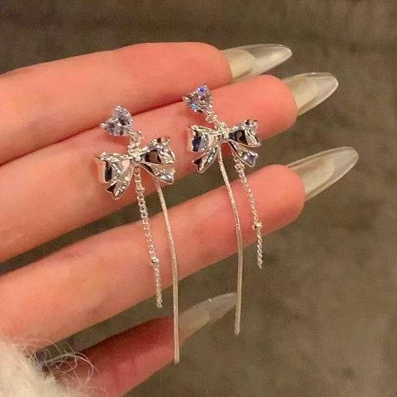 Sweet Signal~ Silver Needle Zircon Bow Fringed Earrings Exquisite Elegance Earrings Daily Versatile Earrings