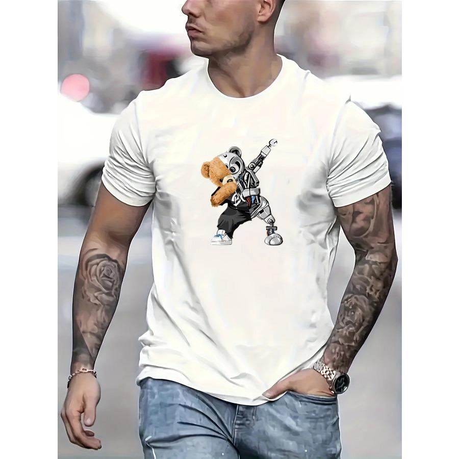 Cotton Robot Bear Pattern T-shirt, Men's Casual Street Style Stretch Round Neck Tee Shirt For Summer