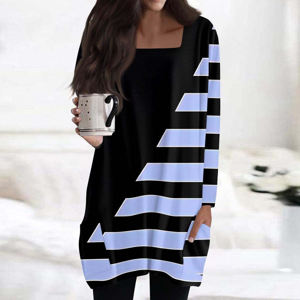 Womens Tops Square Collar Long Sleeve Blouses Casual Mid-length Shirts Fashion Print Tunic Tops With Pockets