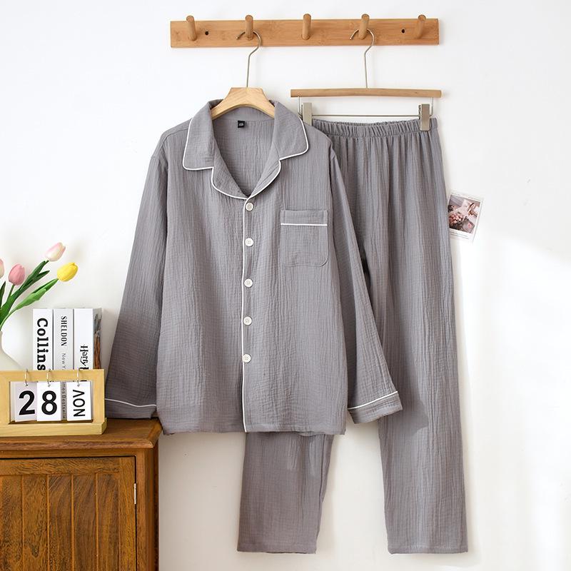 Japanese Couple's Pajamas Set: Plain Cotton, Loose Fit, Unisex, Plus Size, for Spring & Autumn.