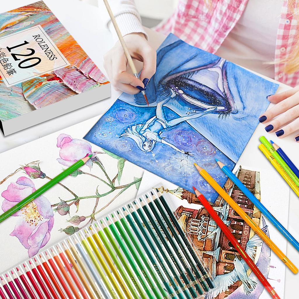 Roleness Colored 120 Coloring Book for Kids and Colored Pencil Watercolor Professional Soft Colored Water Brush and Pencil Sharpener Included Pencils,