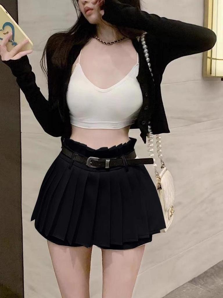 European & American Style Petite High-Waist Belted Pleated Skort for Spring To Autumn
