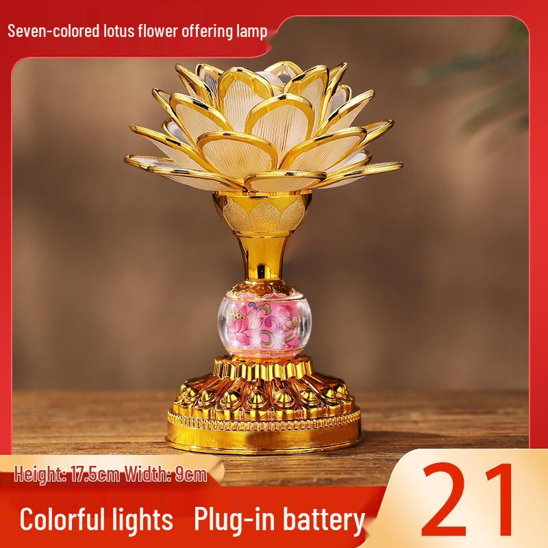 Seven-Color LED Rechargeable Buddha Offering Lamp - Lotus Design for Home and Guanyin Devotion.