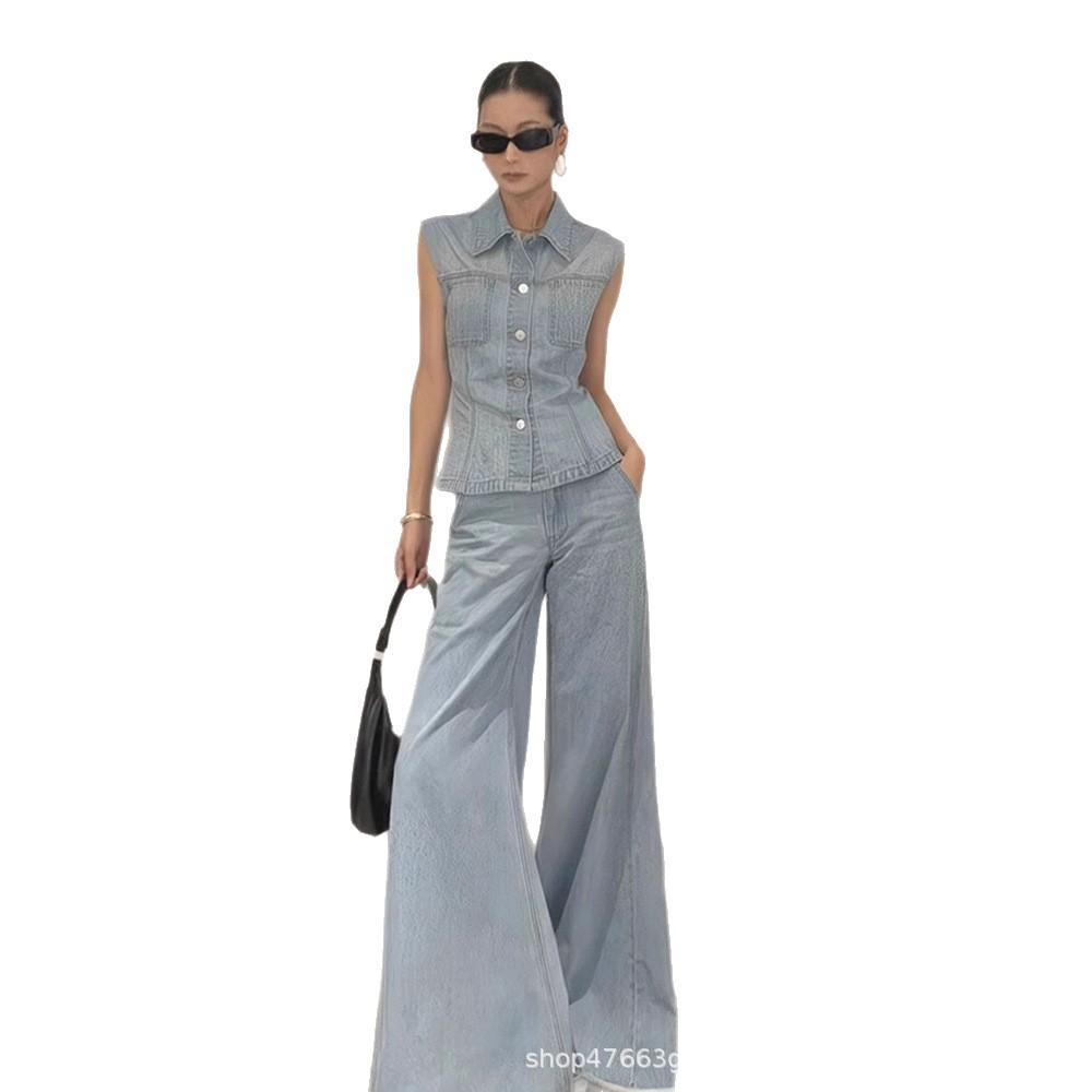 American High-end Denim Suit Autumn New Lapel Sleeveless Vest Top Casual Wide-leg Pants Women's Two-piece Set