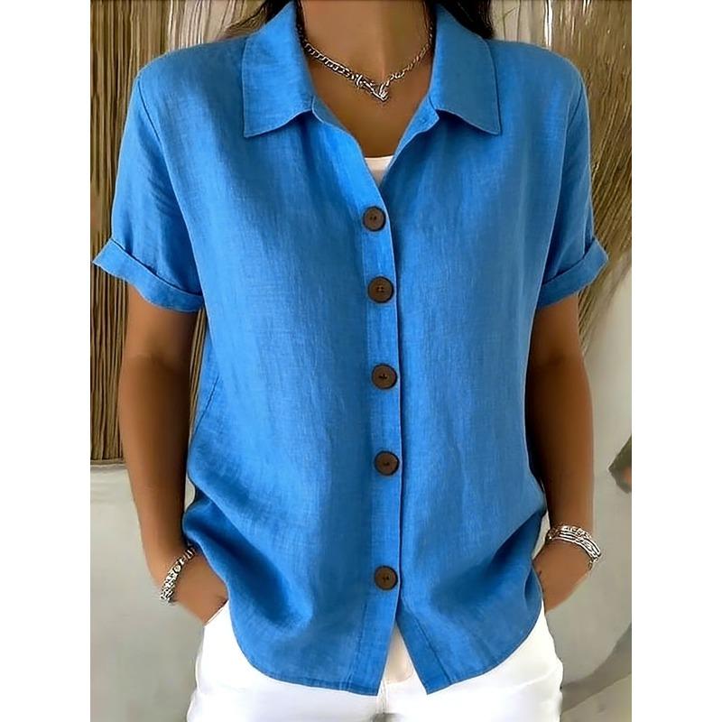 QICED Women's Fashion Casual Solid Color Print Short Sleeve POLO Neck Blouses & Shirts