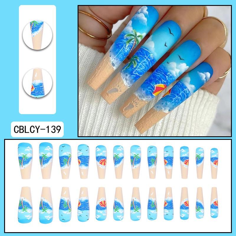 Long Press-On Nails With Adhesive Tabs Full Cover Fake Women INS Style Acrylic Nail Tips Reusable Wearable Art