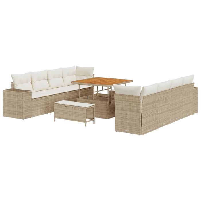 Ensemble de Canapé de Jardin 11 Pièces avec Coussins Beige Rotin Poly Acacia, Ensemble de Salle à Manger de Jardin 3 Pièces 3363936