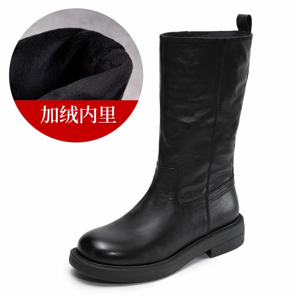 Light Luxury Hand Grab Retro Medium Boots Winter Leather Wide Knight Boots Straight British Fleece Boots