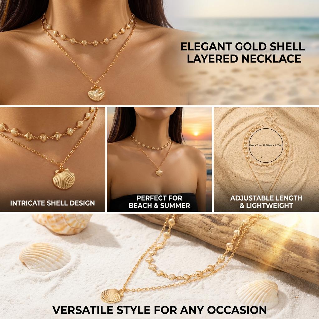 Classic Gold Color Metal Shell Beaded Necklace for Women Bohemia Double Layer Scallop Pendant Choker Summer Beach Jewelry Gift