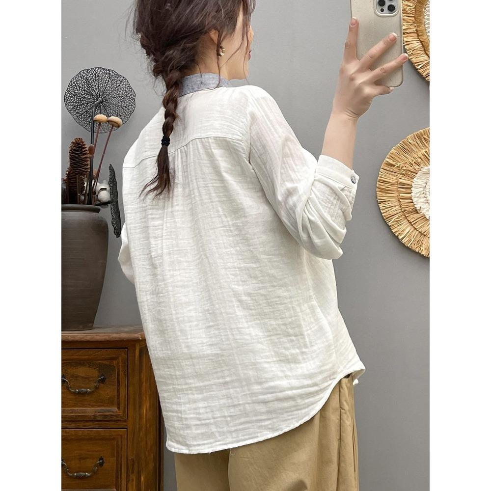 Youthful Korean Style Cotton Shirt Loose Fit Long Sleeve Vintage Peter Pan Collar Blouse for Women Spring Autumn Office Wear
