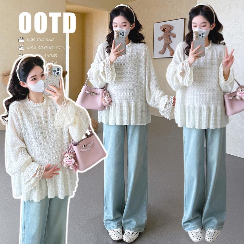 2026 Spring Korean Style Lace Ruffle Maternity Shirt Extra Large