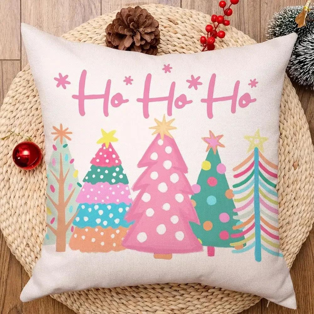 Pink Christmas Throw Pillow Covers 18x18 Inch Set of 4 Striped Truck Xmas Trees Farmhouse Holiday Cushion Cases for Home Decor