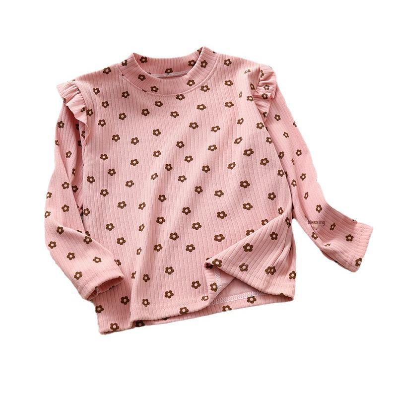 Dziewczęcy T-shirt z długim rękawem i kwiatowym wzorem - Jesienno-zimowy top do wszystkiego dla małych dziewczynek