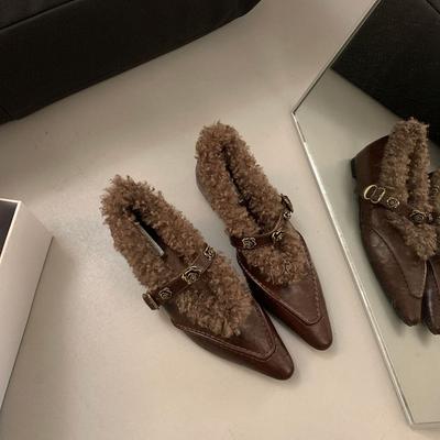 Fleece om warm te houden Mary Jane damesschoenen binnenhoogteverhoging enkele schoenen dames 2024 herfst en winter nieuw platte schoenen pluizige schoenen dames uit