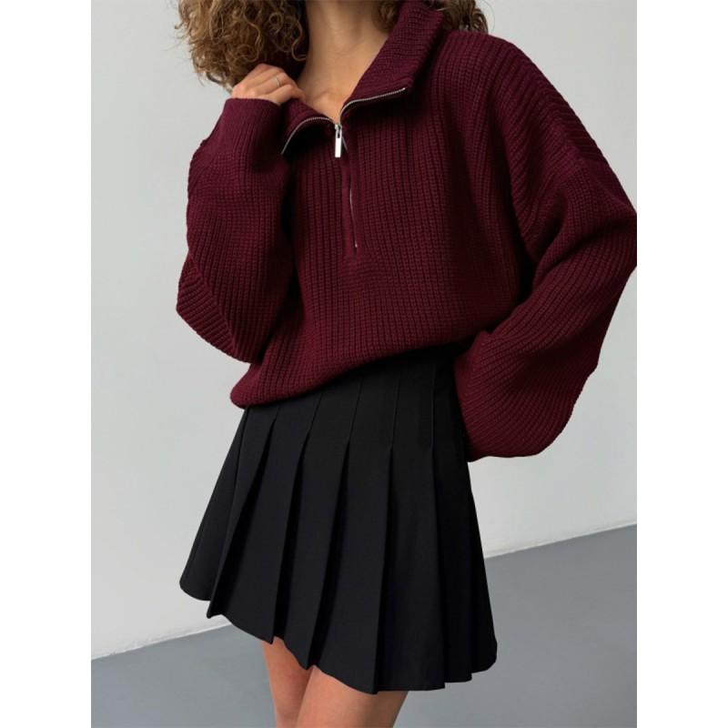 2026 Fall Winter Womens Loose Knit Cardigan Sweater With Zipper Collar Short Length Casual Style