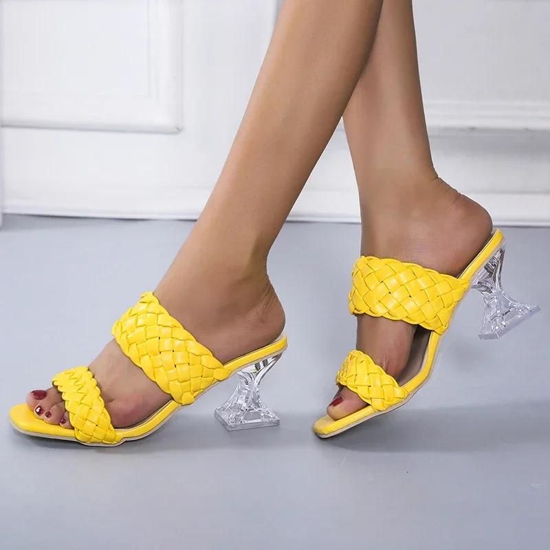Fashion Summer Women Mules Design Slippers Sandal Slides Braided Cord 7cm Transparent Heels Women Shoes Female Size36-43
