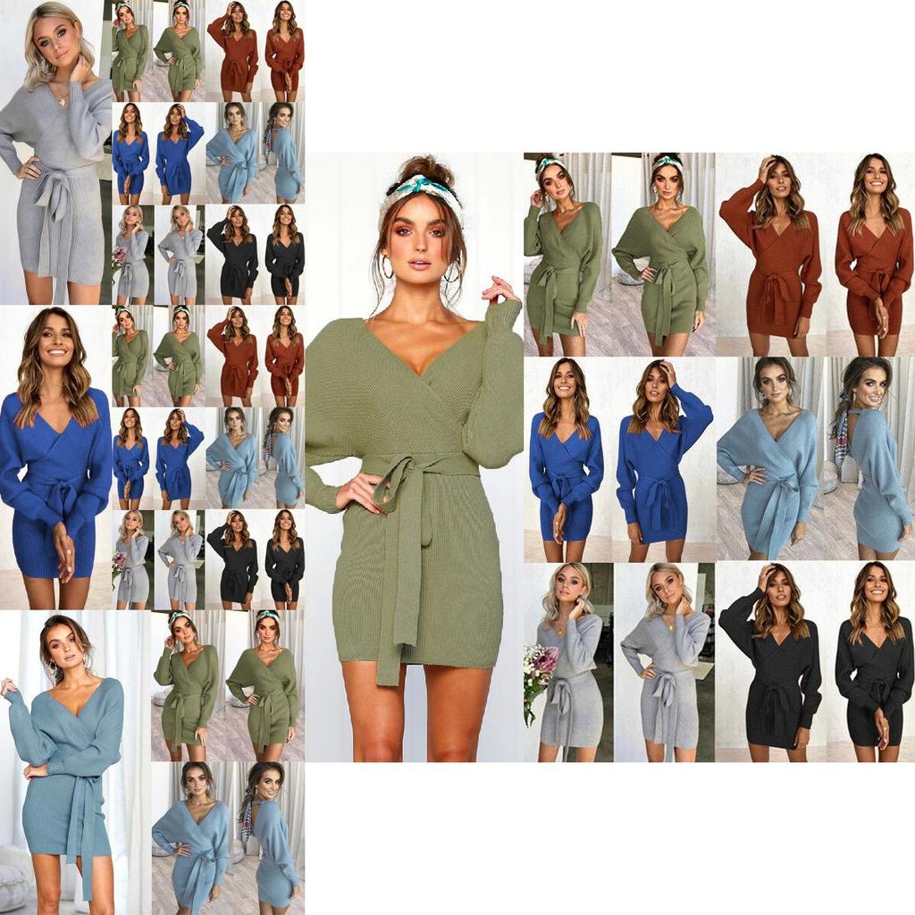 Elegant Women's V-neck Bodycon Jumper Dress With Long Sleeves And Tie Belt