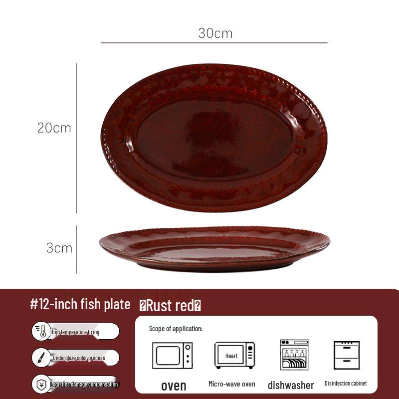 Set di Stoviglie in Ceramica Rossa Cotto in Forno: Ciotole, Piatti e Piatti in Stile Retrò con Decorazioni Sottosmalto per Uso Domestico.