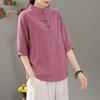 Blusa de Lino para Mujer Estilo Chino Cuello Mandarín Botón de Rana Manga Media Casual Primavera Verano