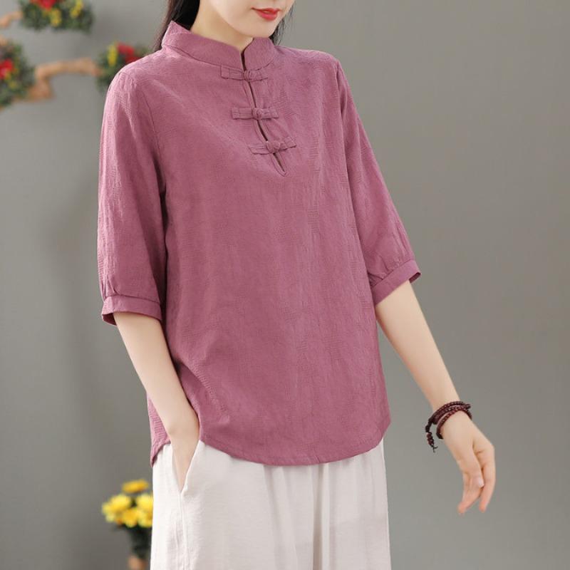 Blusa de Lino para Mujer Estilo Chino Cuello Mandarín Botón de Rana Manga Media Casual Primavera Verano