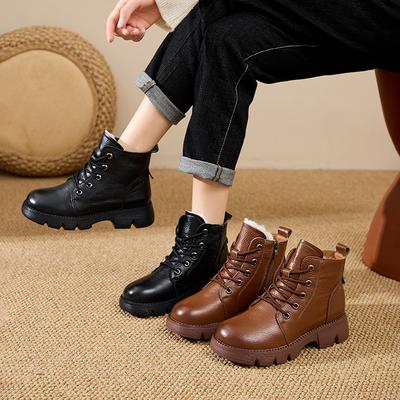 Women's Large Size Soft Elastic Winter Cowhide Leather Waterproof Warm Cold Padded Snow Boots Non-slip Wear Outdoor Leisure Sports Martin Cotton Boots