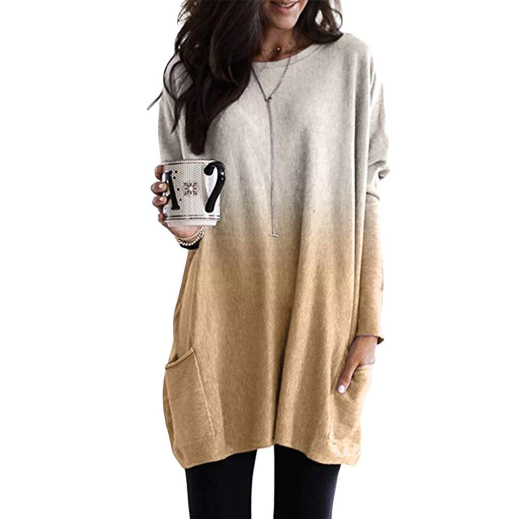 Long Tunic Pullover Sweatshirt Blouse Tops For Women Long Sleeve Casual Baggy Pullover Jumper Pocket Tunic Gradient Wear T-Shirt Tops