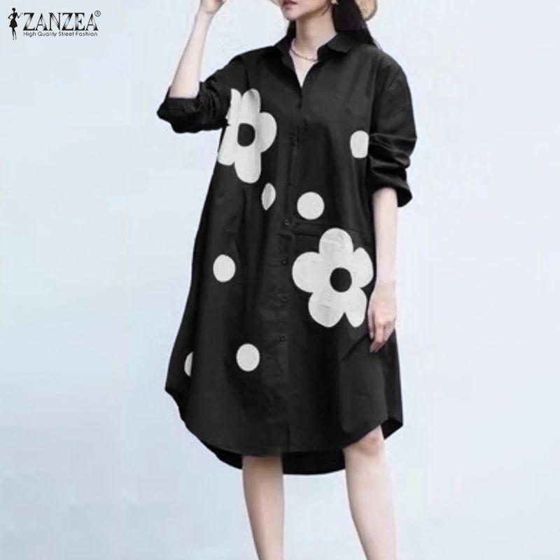 ZANZEA Women Casual Turn Down Collar Long Sleeve Floral Print Loose Shirt Dress