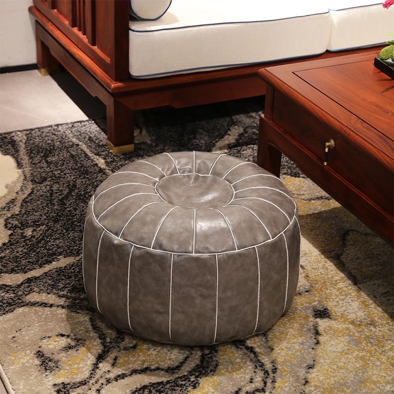 Marokkanischer Pouf aus PU-Leder, bestickt, handgefertigt, rund, großes Kunstleder, ungepolstertes Kissen