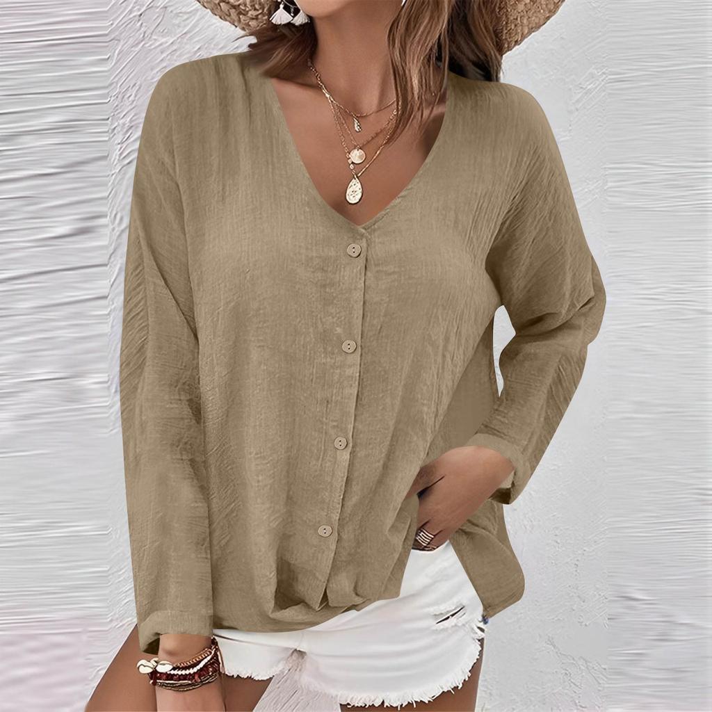 Women's Fashion Casual Color V-Neck Live Button Seven Sleeve T-Shirt Top