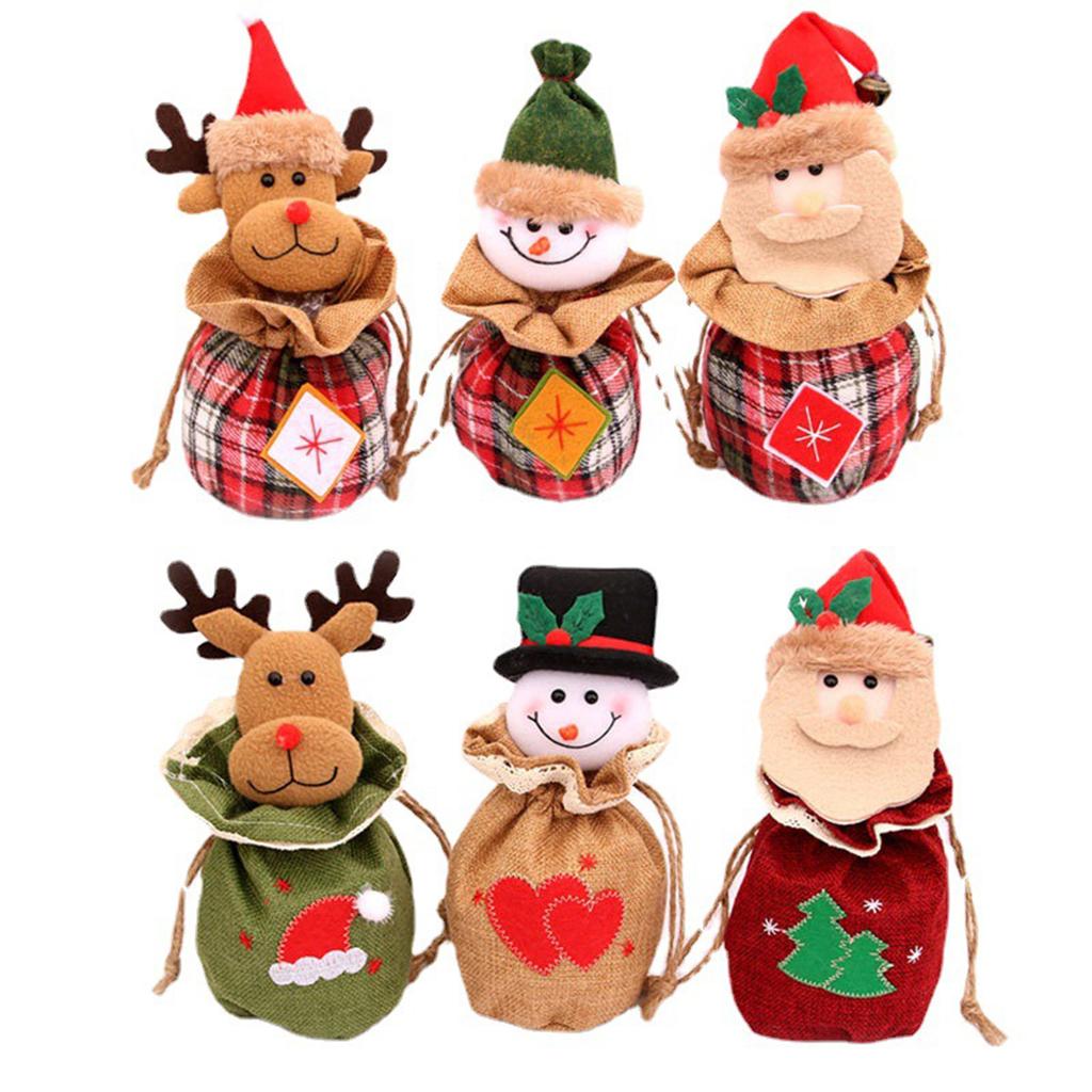 Christmas Decoration Supplies Linen Bag Cartoon Three-Dimensional With Bell Closing Gift Bag Candy Bag