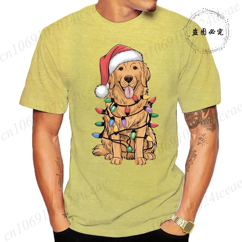 New Mens TShirts Christmas Golden Retriever Print TShirts Round Neck Short Sleeve Casual Tshirt Happy New Year Dog Shirts