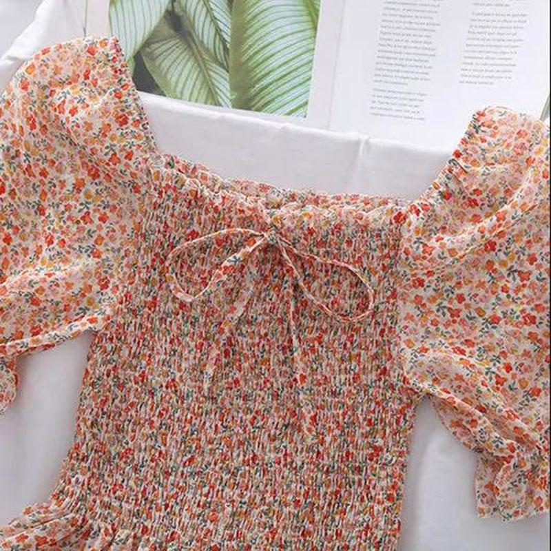 Women's Puff Sleeve Chiffon Shirt Off Shoulder Square Neck T-Shirt Slim Fit Women's Floral Top  Womens Blouses