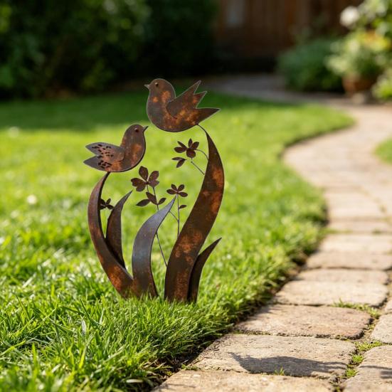 Vogel Wildblume Metall Gartenstecker Dekorativer Außenpflanzenstecker Rustikales Gartendekoration mit Vogel-Blumendesign für Hof Rasen Pflanzgefäße Dekoration